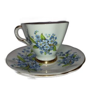 Vintage Coronation Bone China England Teacup and Saucer, Blue Flowers Gold Rim
